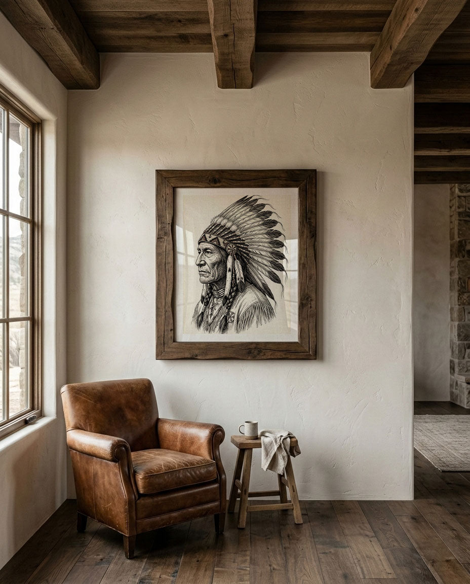 Vintage western ink illustration poster showing a side profile portrait of a plains chief wearing a feather headdress with detailed linework on a parchment background. Main image