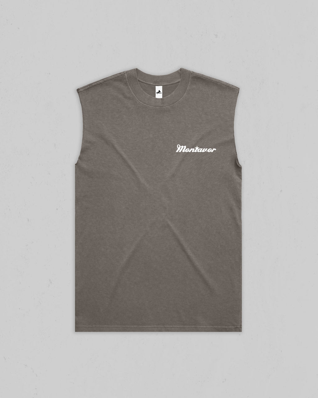 A sleeveless crewneck t-shirt in a dark grayish-brown color, featuring the word 'Montavor' printed in white script on the left chest, laid flat against a light gray background.