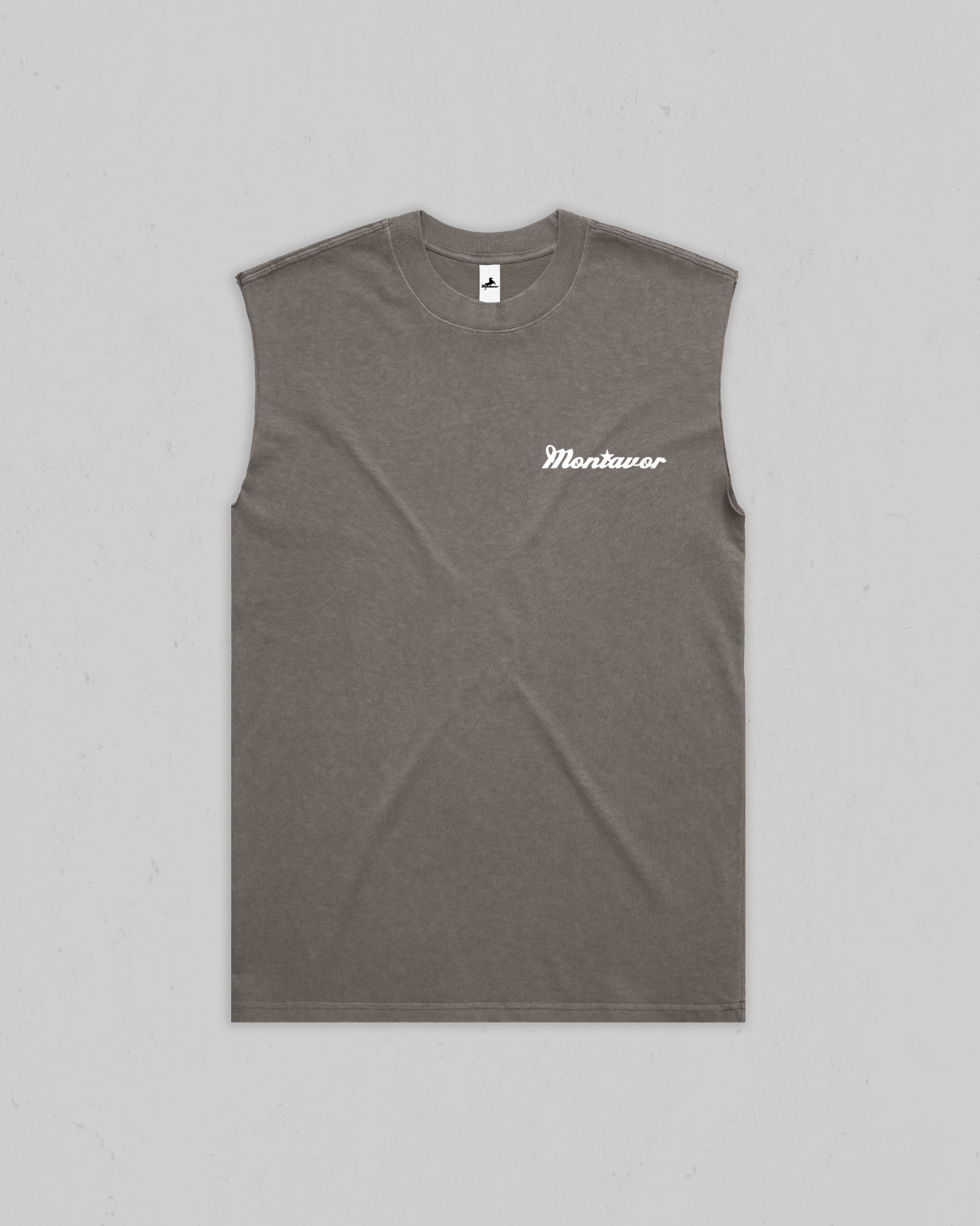 A sleeveless crewneck t-shirt in a dark grayish-brown color, featuring the word 'Montavor' printed in white script on the left chest, laid flat against a light gray background.