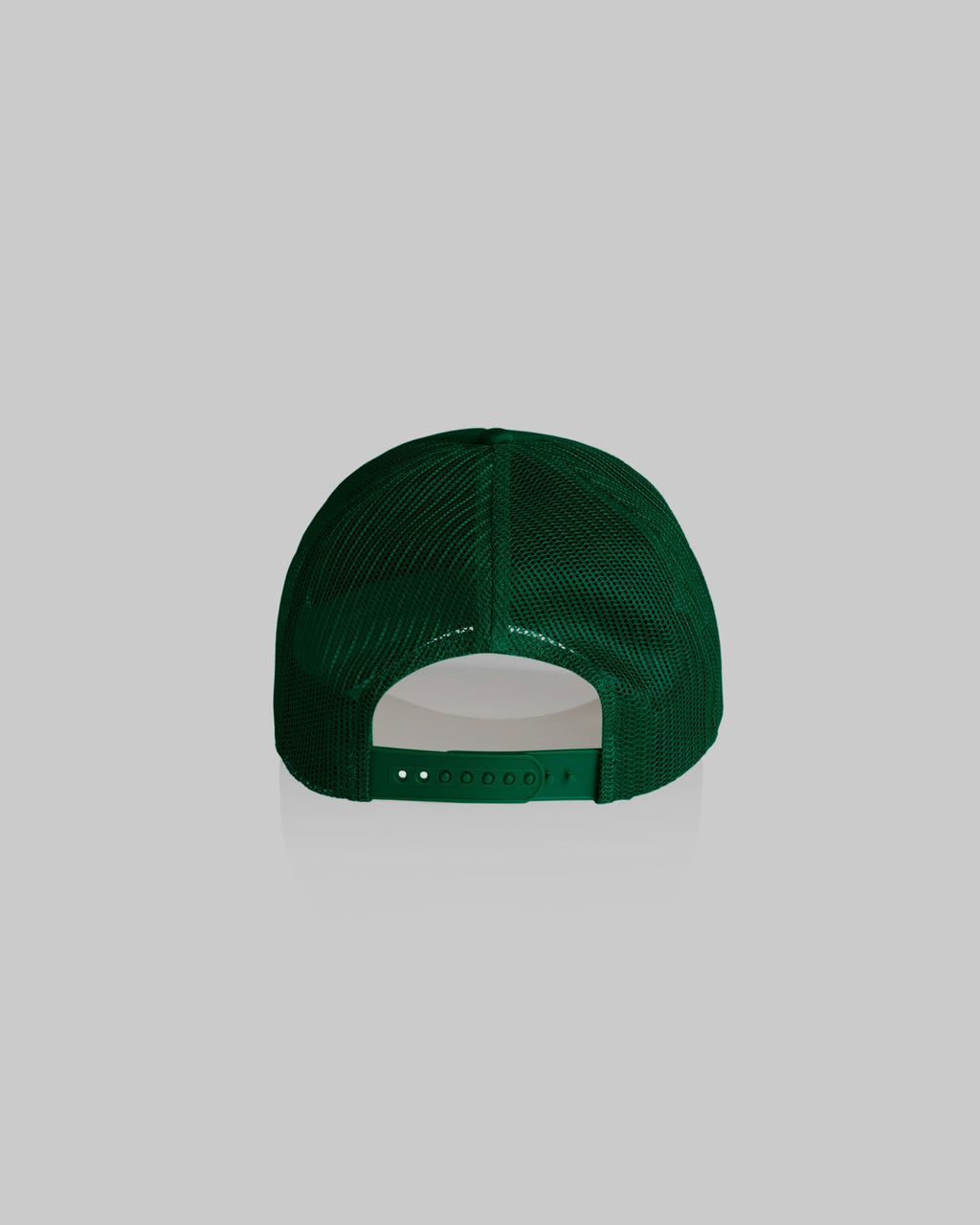 A dark green trucker-style baseball cap viewed from the back, featuring a green mesh back and a matching green adjustable strap, set against a solid light gray background.