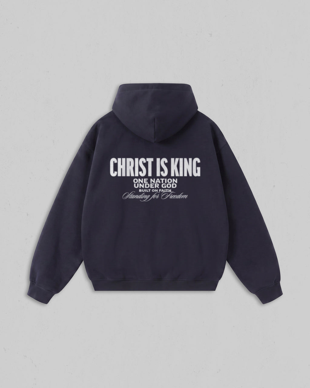 Back view of women’s Blue Christ Is King hoodie with bold white Christian 