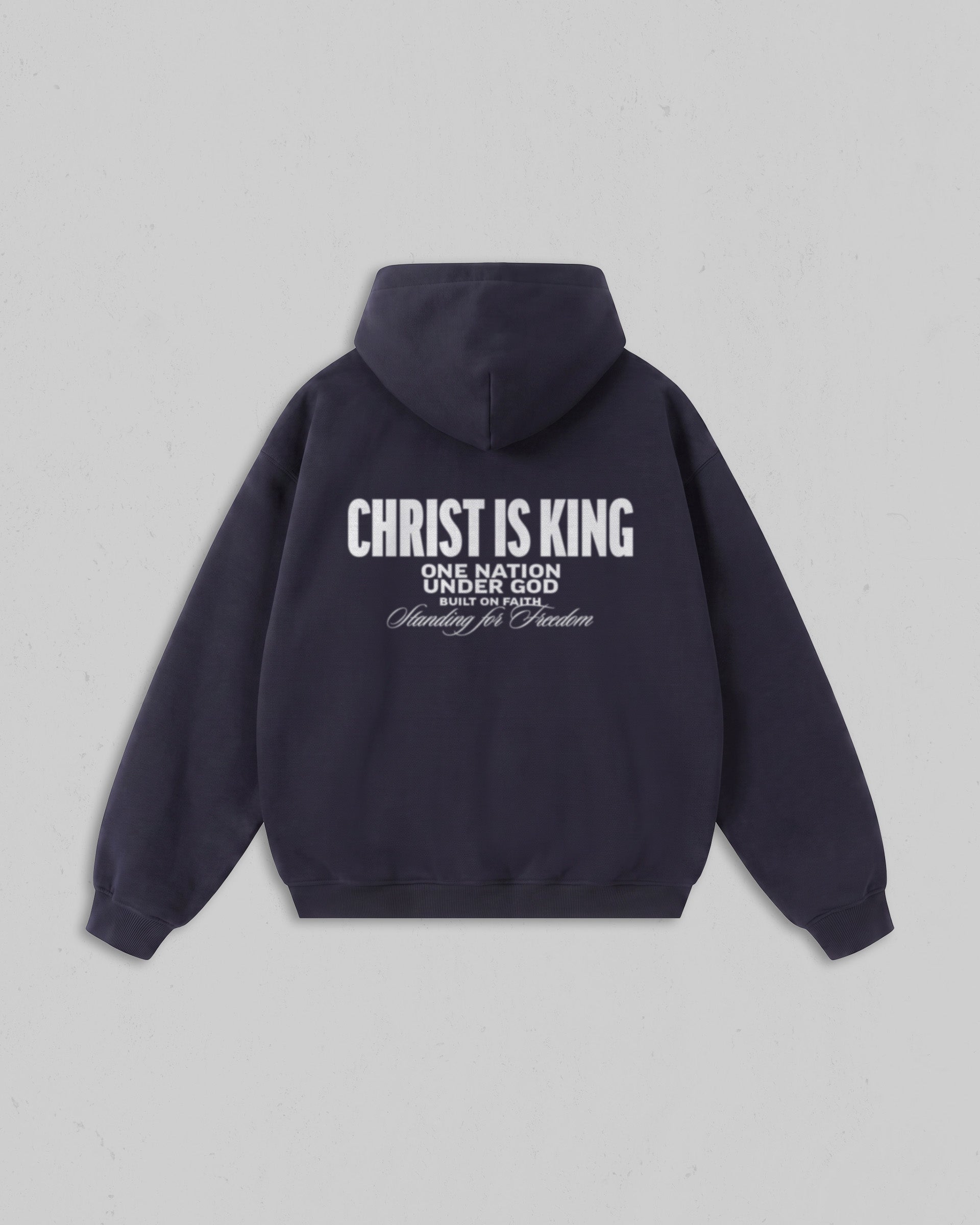 Back view of women’s Blue Christ Is King hoodie with bold white Christian 