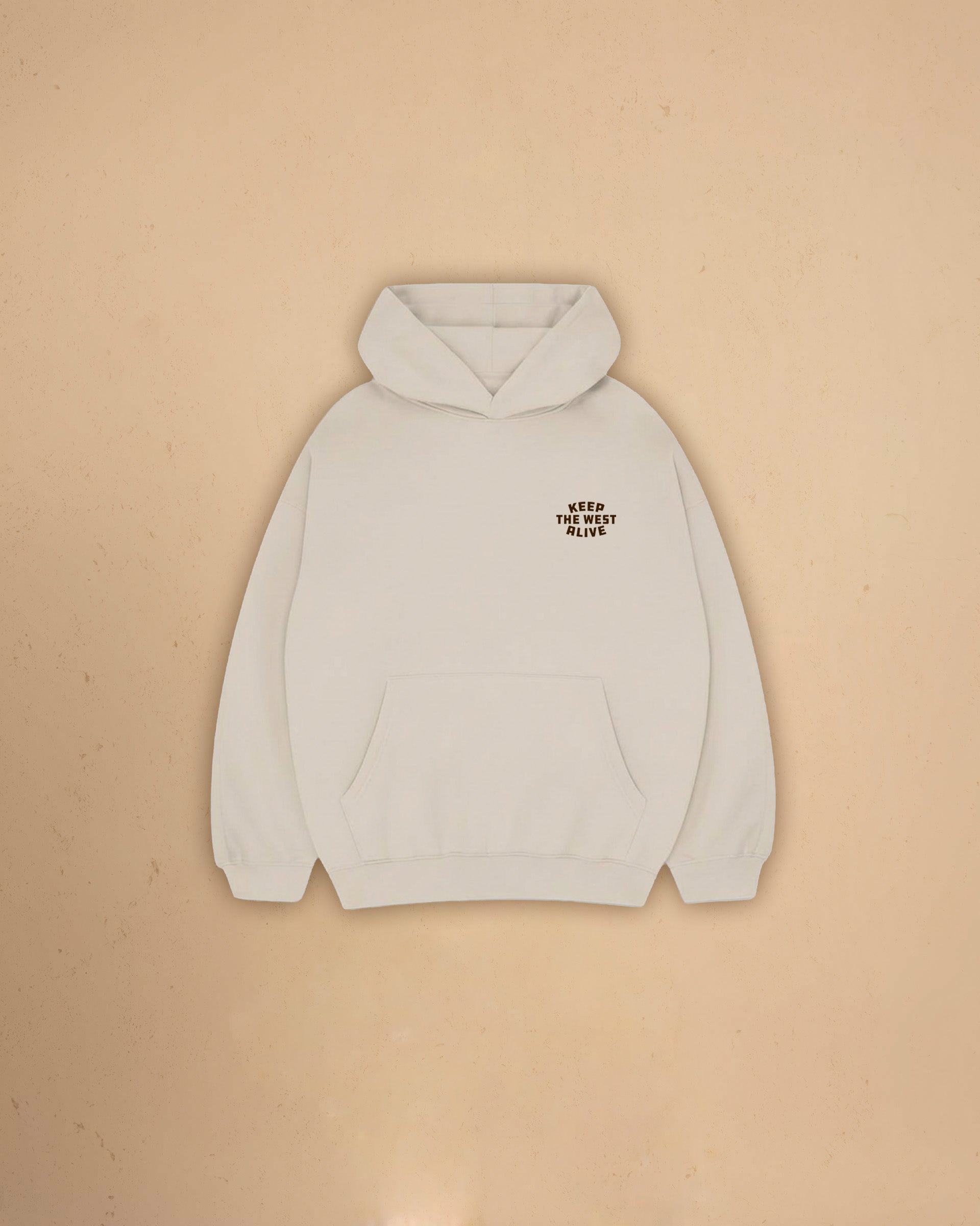 Front view of Montavor Keep The West Alive western hoodie with oversized western graphic print and relaxed fit design.