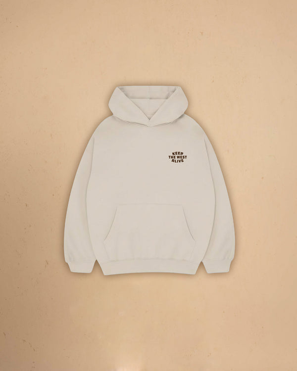 Front view of Montavor Keep The West Alive western hoodie with oversized western graphic print and relaxed fit design.