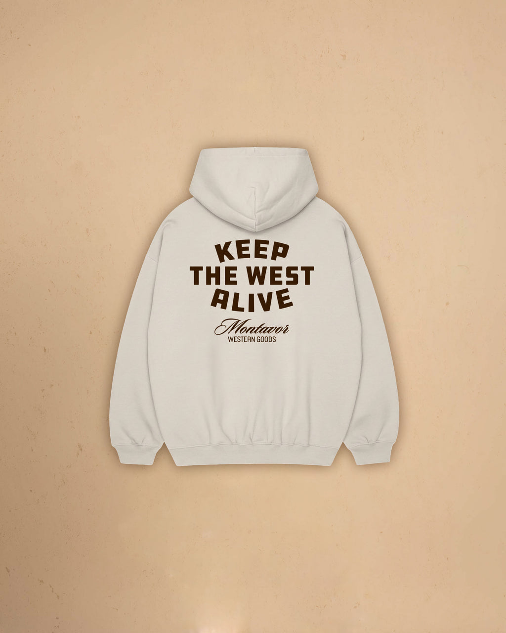 Back view of Montavor Keep The West Alive western hoodie with oversized western graphic print and relaxed fit design.