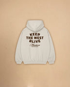 Back view of Montavor Keep The West Alive western hoodie with oversized western graphic print and relaxed fit design.