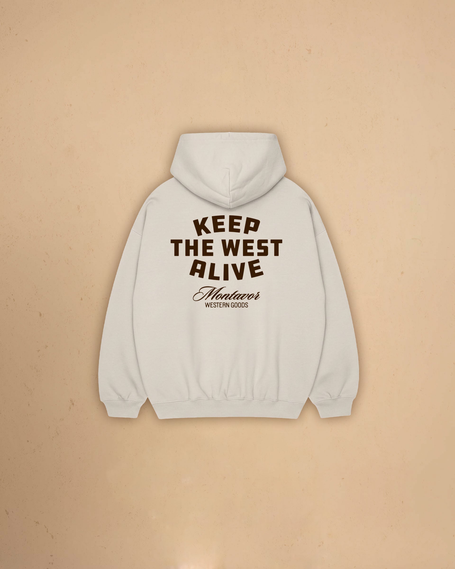 Back view of Montavor Keep The West Alive western hoodie with oversized western graphic print and relaxed fit design.