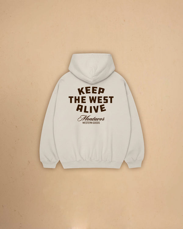 Back view of Montavor Keep The West Alive western hoodie with oversized western graphic print and relaxed fit design.