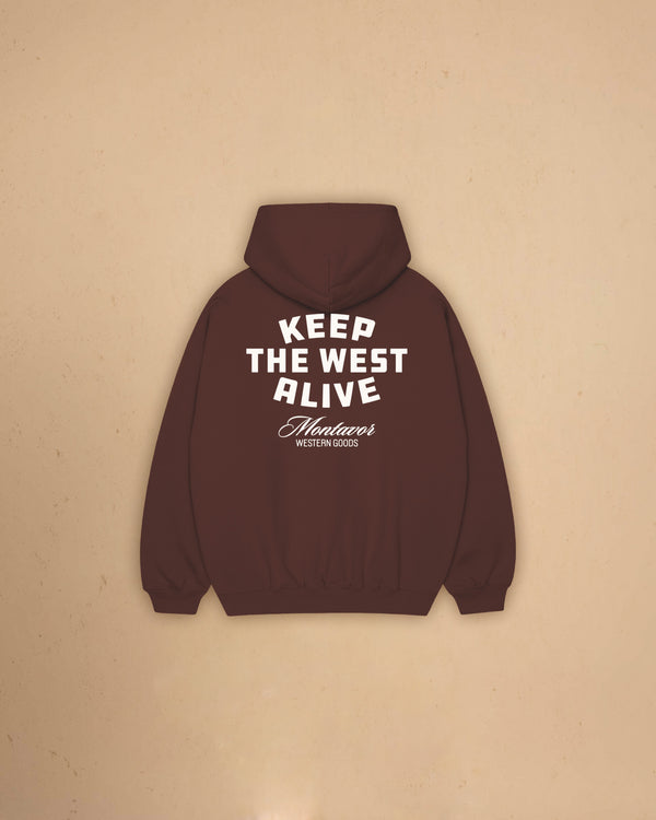 Back view of Montavor Keep The West Alive western hoodie with oversized western graphic print and relaxed fit design.