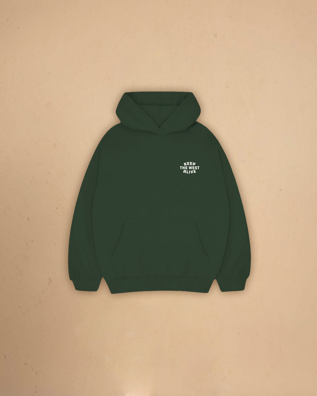 Front view of Montavor Keep The West Alive western hoodie with oversized western graphic print and relaxed fit design.