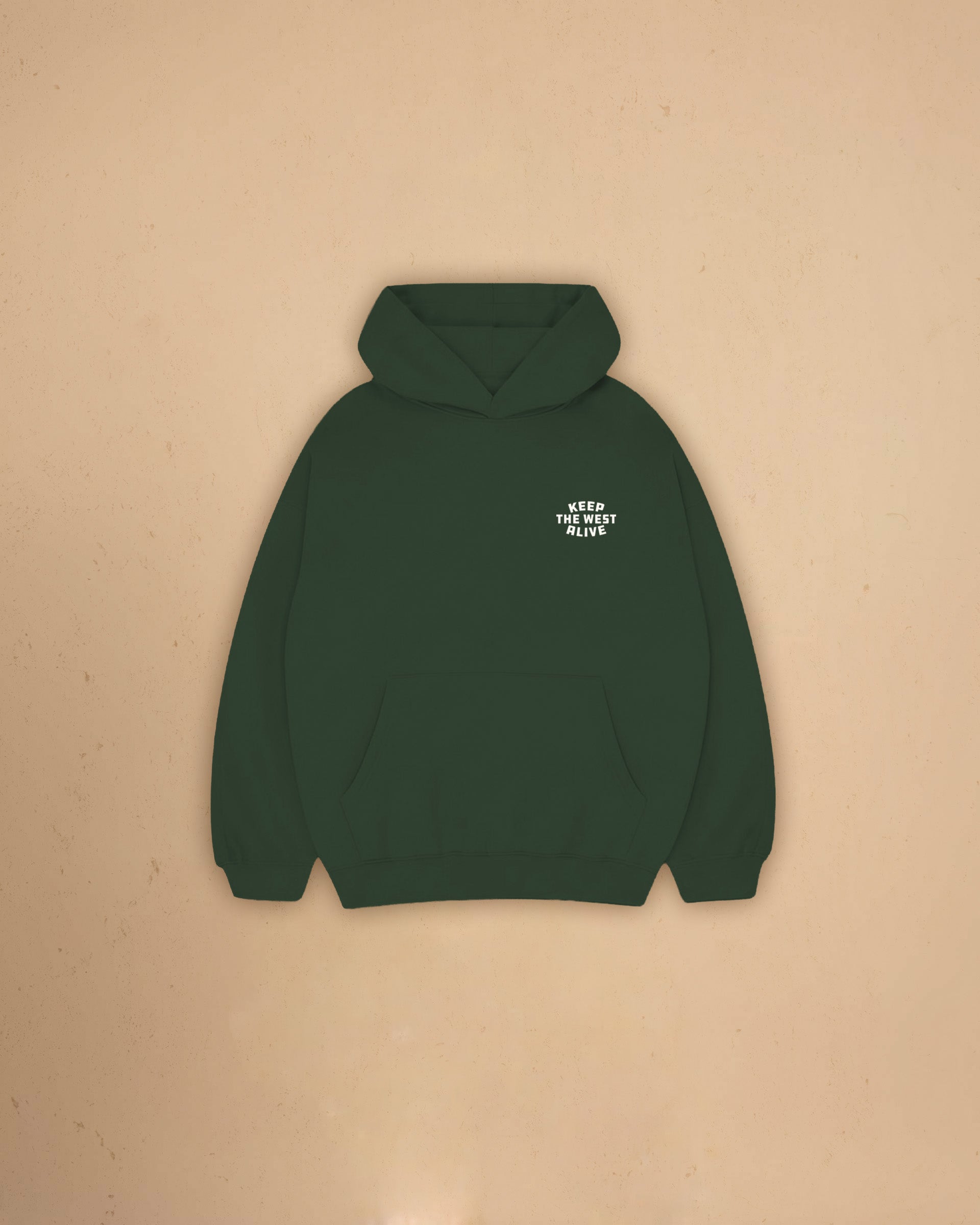 Front view of Montavor Keep The West Alive western hoodie with oversized western graphic print and relaxed fit design.