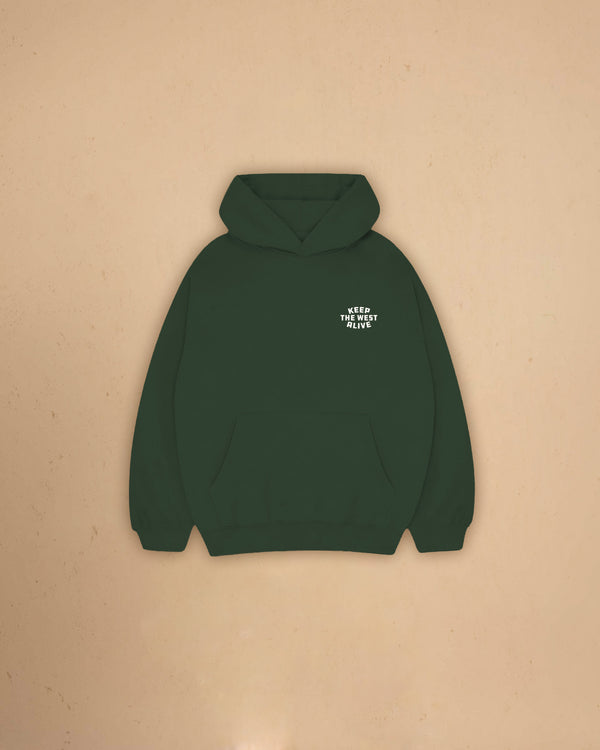 Front view of Montavor Keep The West Alive western hoodie with oversized western graphic print and relaxed fit design.