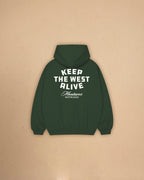 Back view of Montavor Keep The West Alive western hoodie with oversized western graphic print and relaxed fit design.