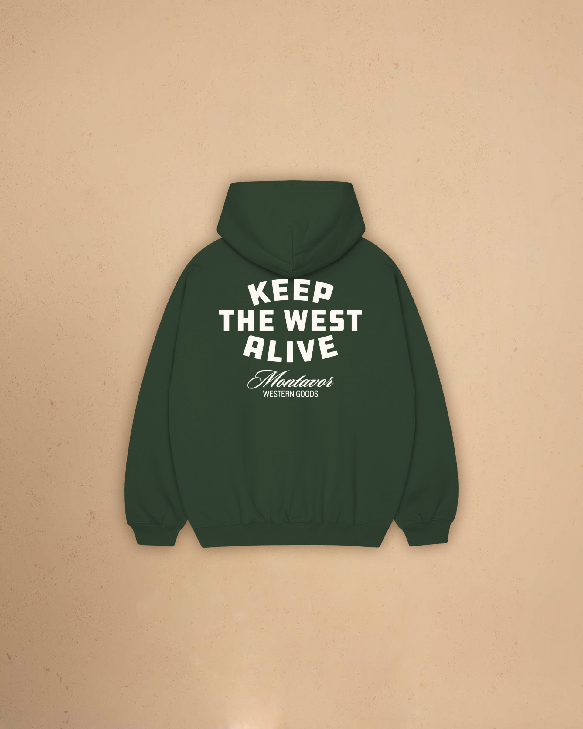 Back view of Montavor Keep The West Alive western hoodie with oversized western graphic print and relaxed fit design.