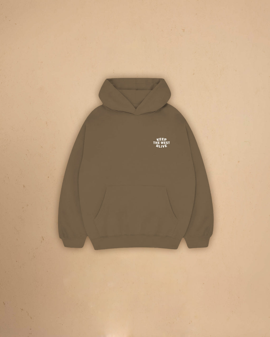 Front view of Montavor Keep The West Alive western hoodie with oversized western graphic print and relaxed fit design.