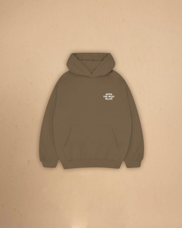 Front view of Montavor Keep The West Alive western hoodie with oversized western graphic print and relaxed fit design.