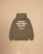 Back view of Montavor Keep The West Alive western hoodie with oversized western graphic print and relaxed fit design.