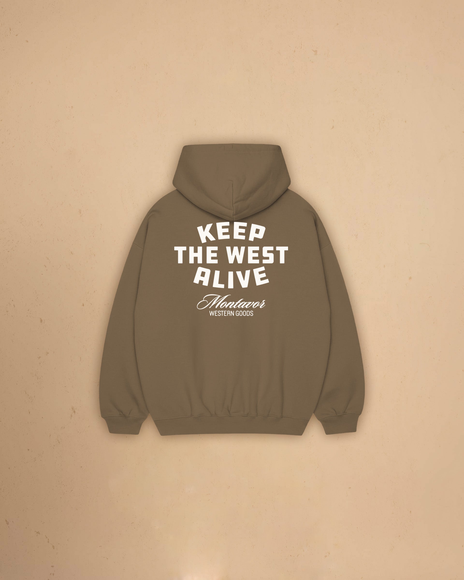 Back view of Montavor Keep The West Alive western hoodie with oversized western graphic print and relaxed fit design.