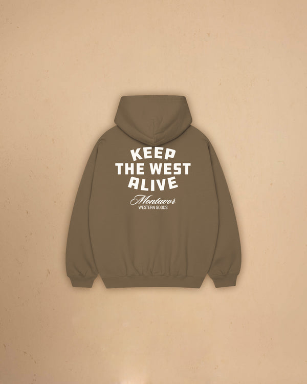 Back view of Montavor Keep The West Alive western hoodie with oversized western graphic print and relaxed fit design.