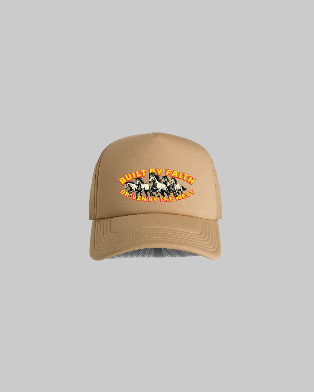 Khaki Built By Faith western trucker cap featuring a vintage horse graphic and curved peak.