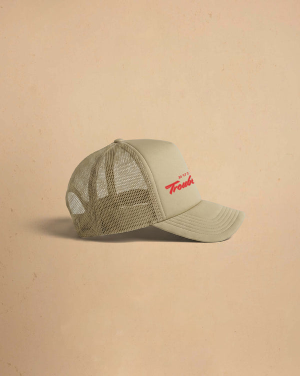Built For Trouble trucker cap featuring a bold Western-inspired graphic on a high-profile foam-front snapback cap with breathable mesh backing.