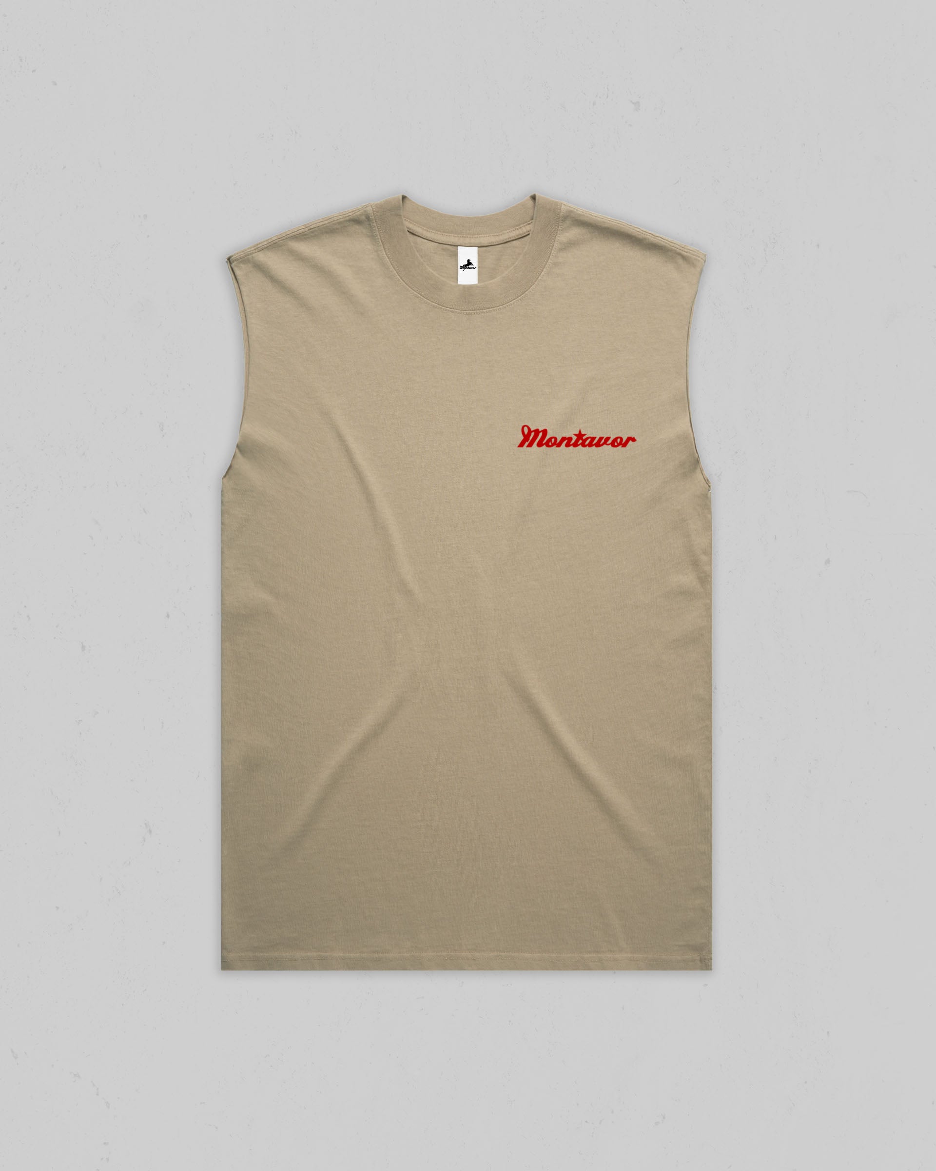 A sleeveless beige t-shirt with a small red embroidered 'Montavor' logo on the left chest, displayed flat against a light gray background.