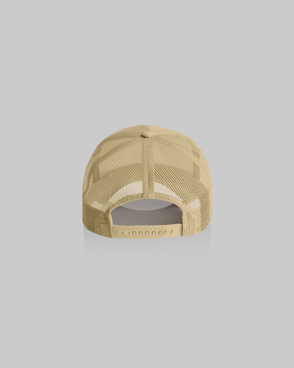 A tan trucker-style baseball cap viewed from the back, featuring a mesh back and an adjustable snap closure, set against a solid gray background.