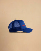 Built For Trouble trucker cap featuring a bold Western-inspired graphic on a high-profile foam-front snapback cap with breathable mesh backing.