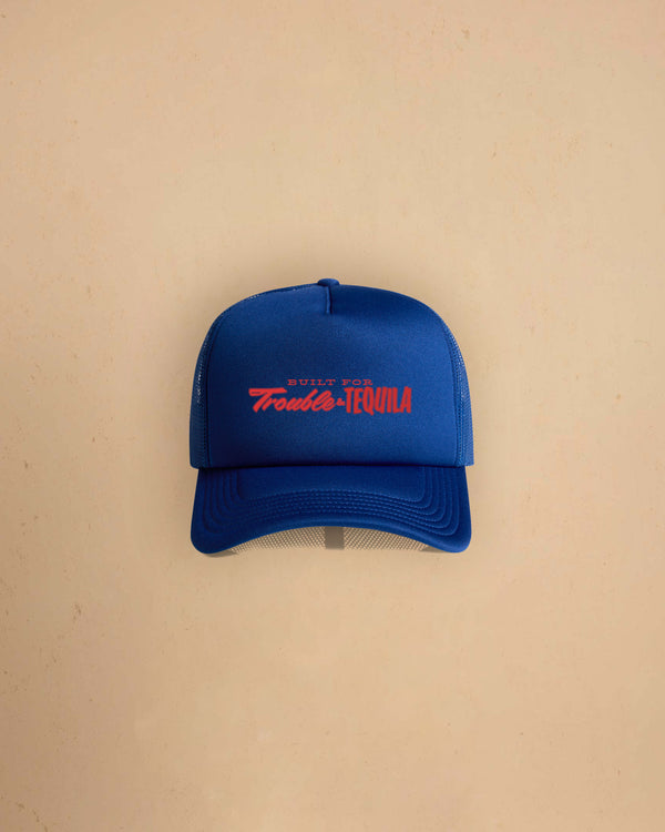Built For Trouble trucker cap featuring a bold Western-inspired graphic on a high-profile foam-front snapback cap with breathable mesh backing.
