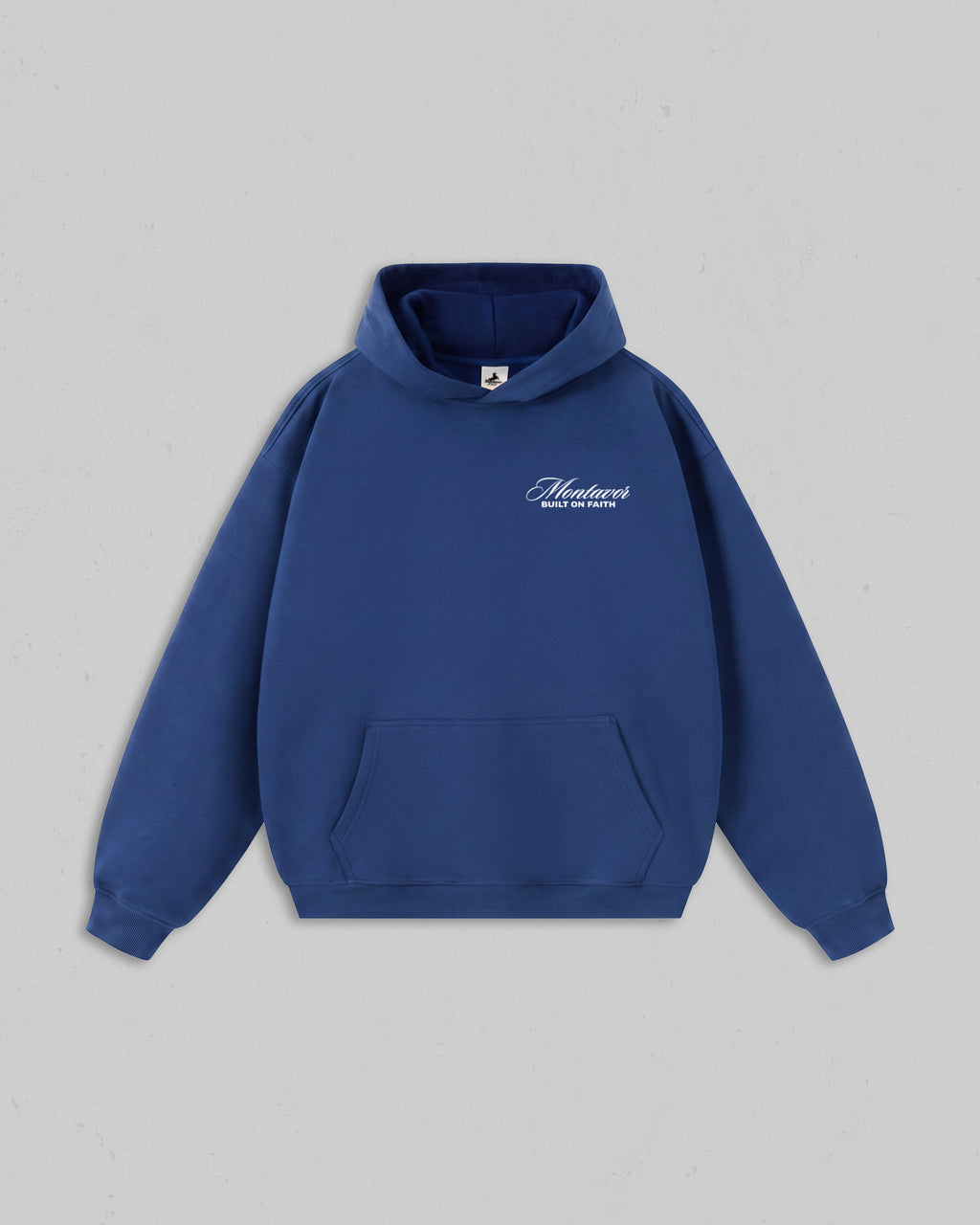 Front view of women’s Blue Christ Is King hoodie with bold white Christian 