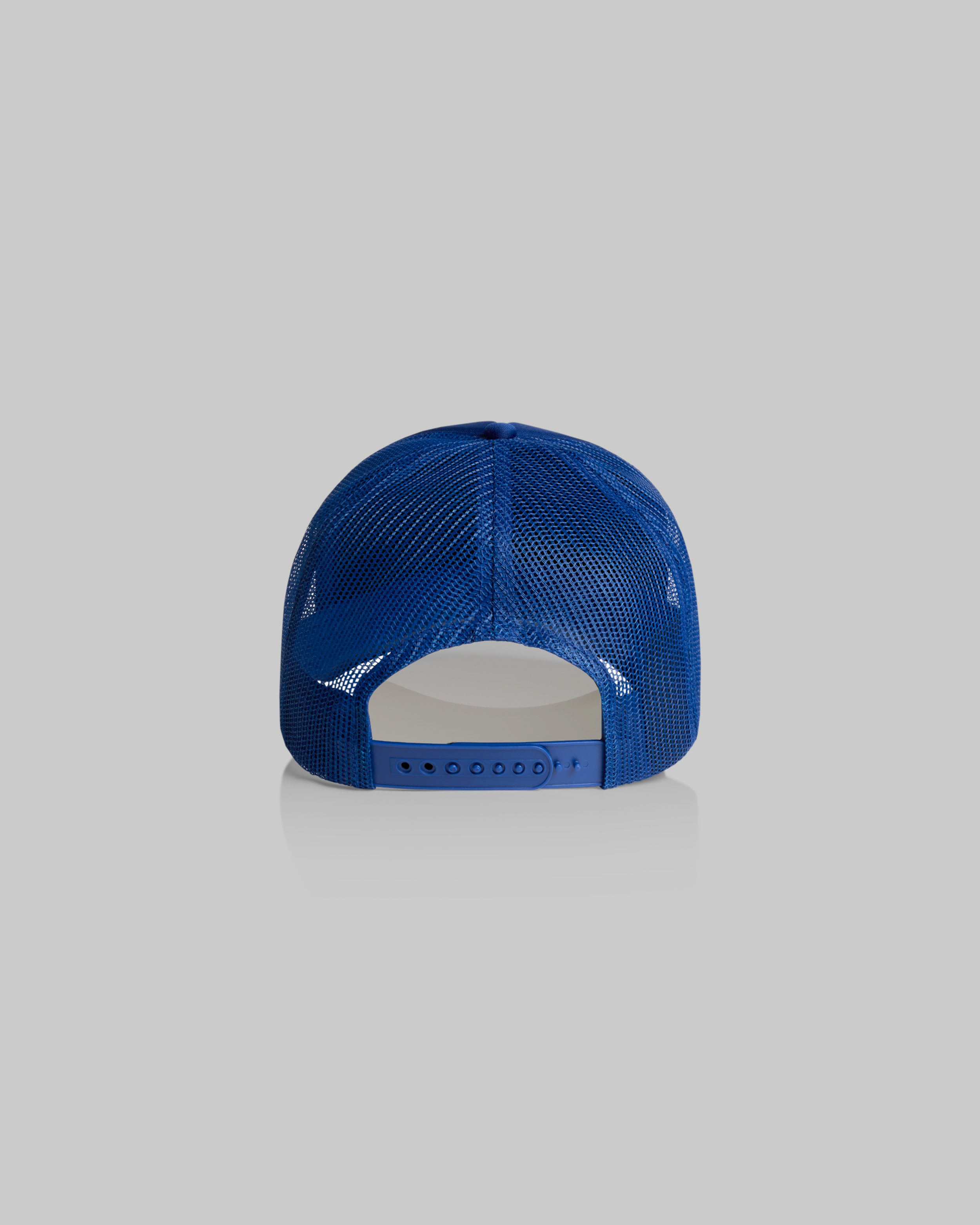 A blue trucker-style baseball cap viewed from the back, featuring a structured blue front panel and a blue mesh back, set against a solid light gray background.