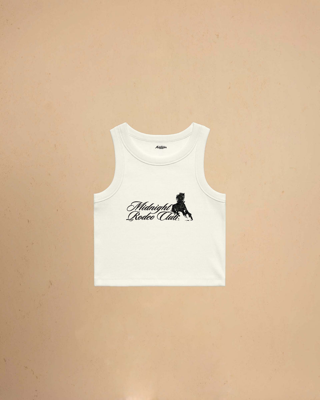 Ecru tank top with Midnight Rodeo Club on a beige background