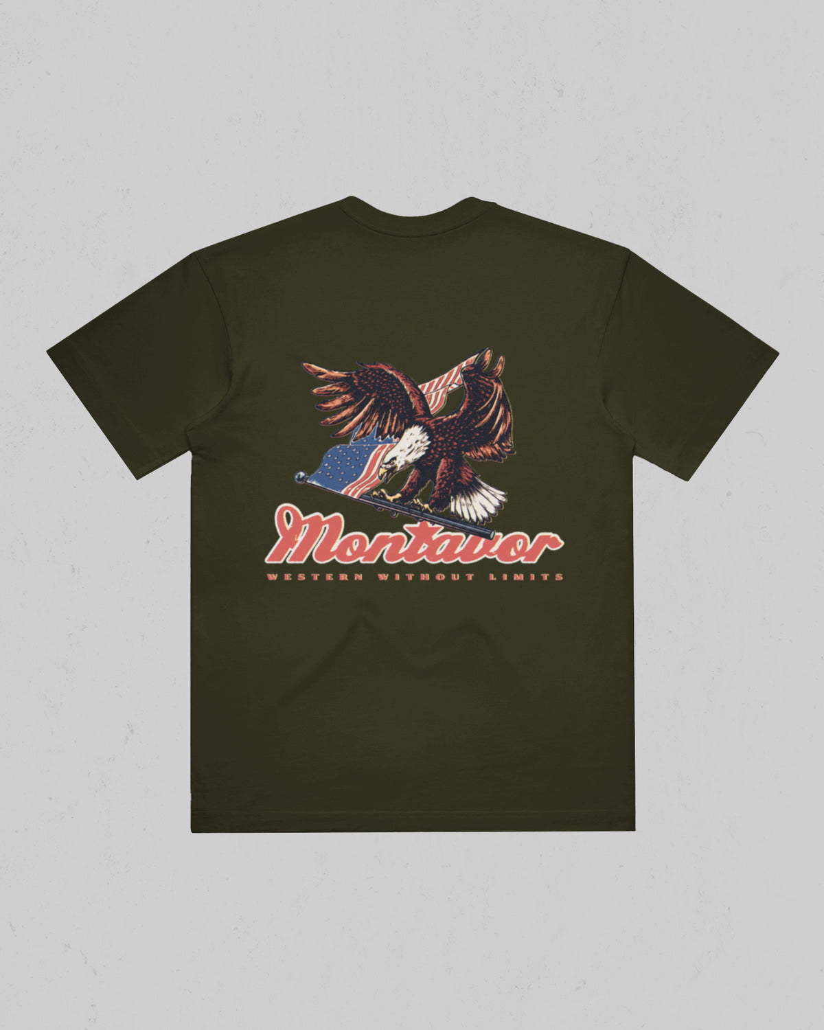 Back of Montavor Armey Green T-shirt with bald eagle and American flag artwork, Montavor script, and Western Without Limits lettering.