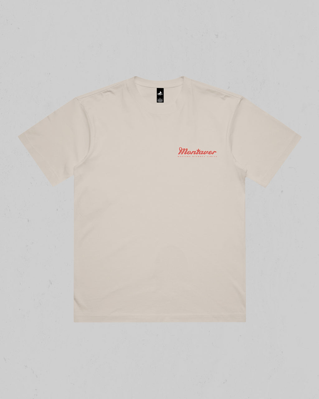 Front of Montavor Bone American Eagle T-shirt with a small red and cream script logo on the left chest.