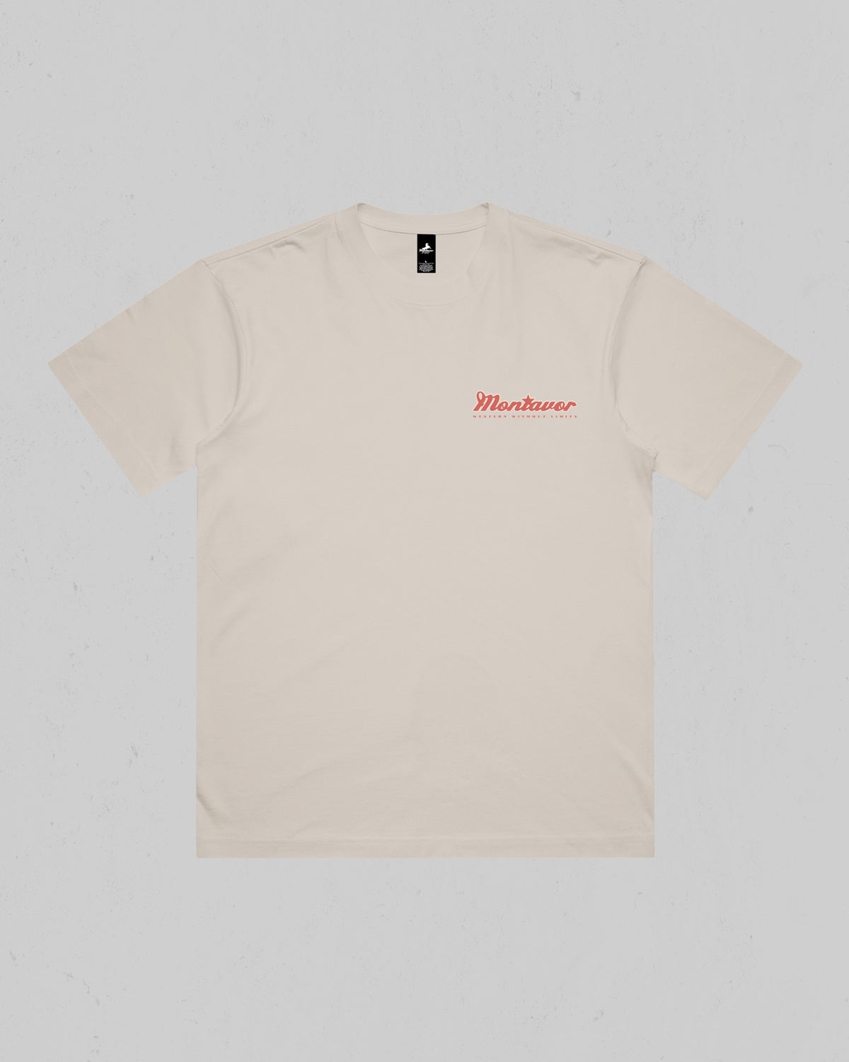 Front of Montavor Bone American Eagle T-shirt with a small red and cream script logo on the left chest.