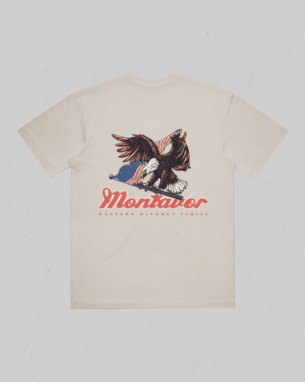 Back of Montavor Bone T-shirt with bald eagle and American flag artwork, Montavor script, and Western Without Limits lettering.