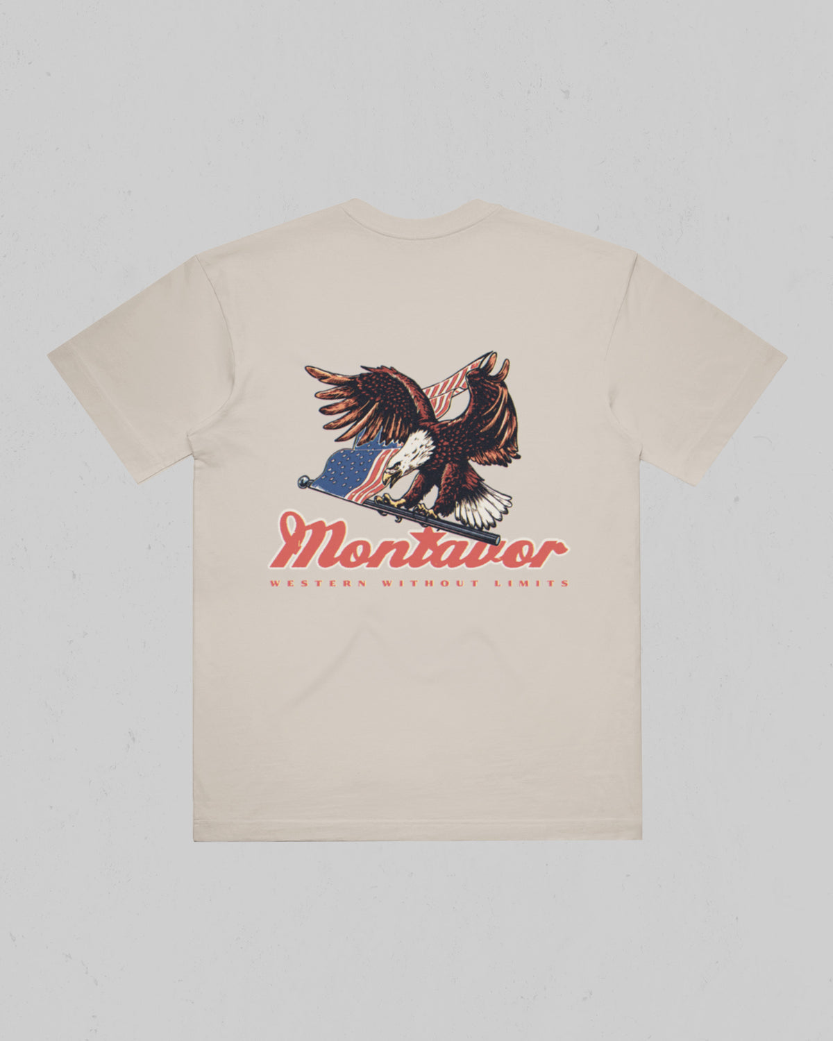 Back of Montavor Bone T-shirt with bald eagle and American flag artwork, Montavor script, and Western Without Limits lettering.