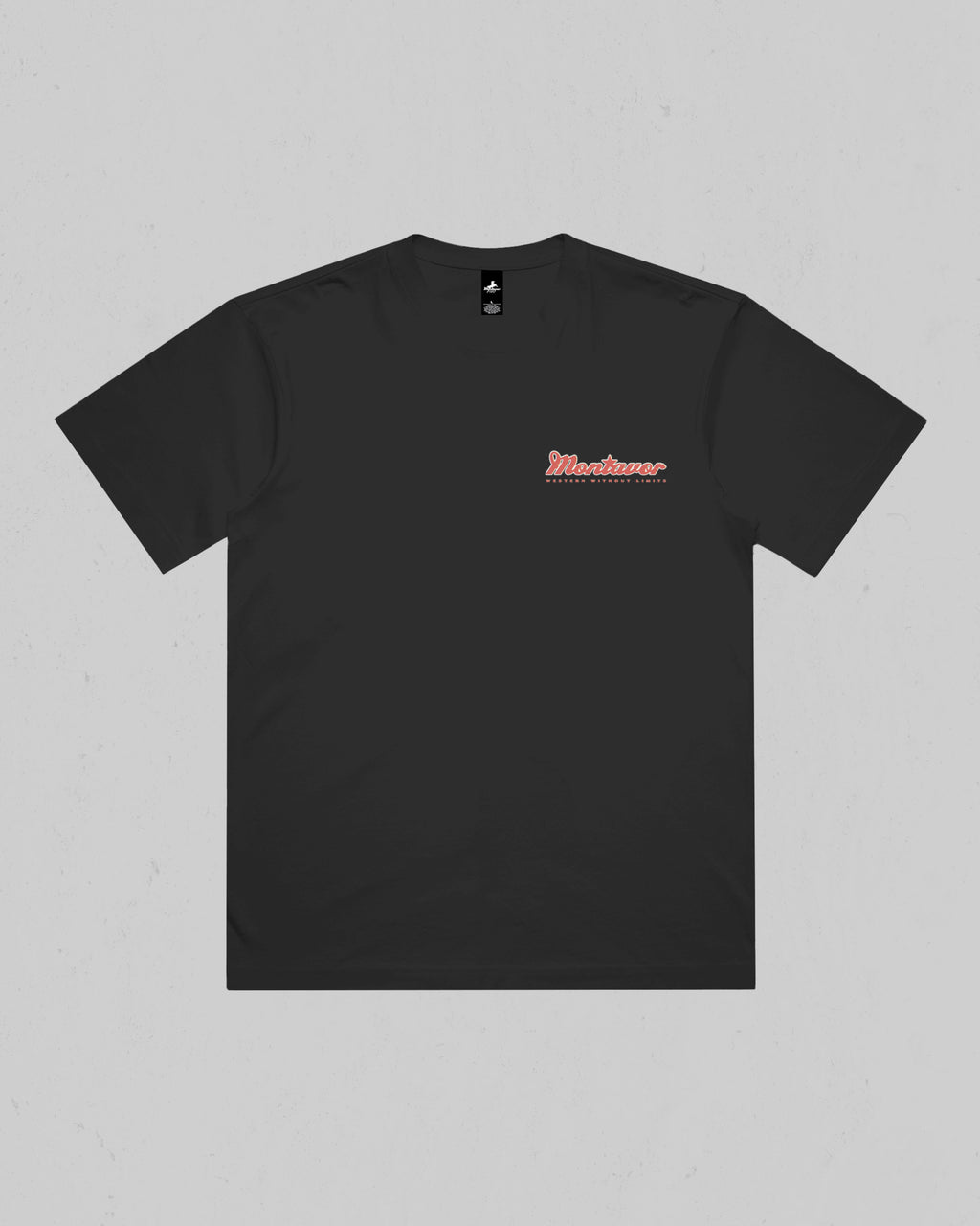 Front of Montavor Coal American Eagle T-shirt with a small red and cream script logo on the left chest.