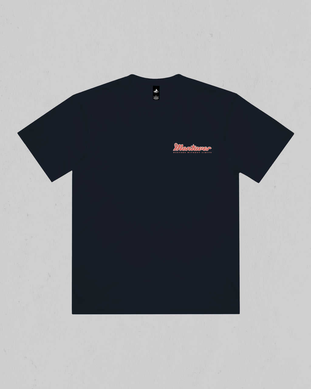 Front of Montavor Navy American Eagle T-shirt with a small red and cream script logo on the left chest.