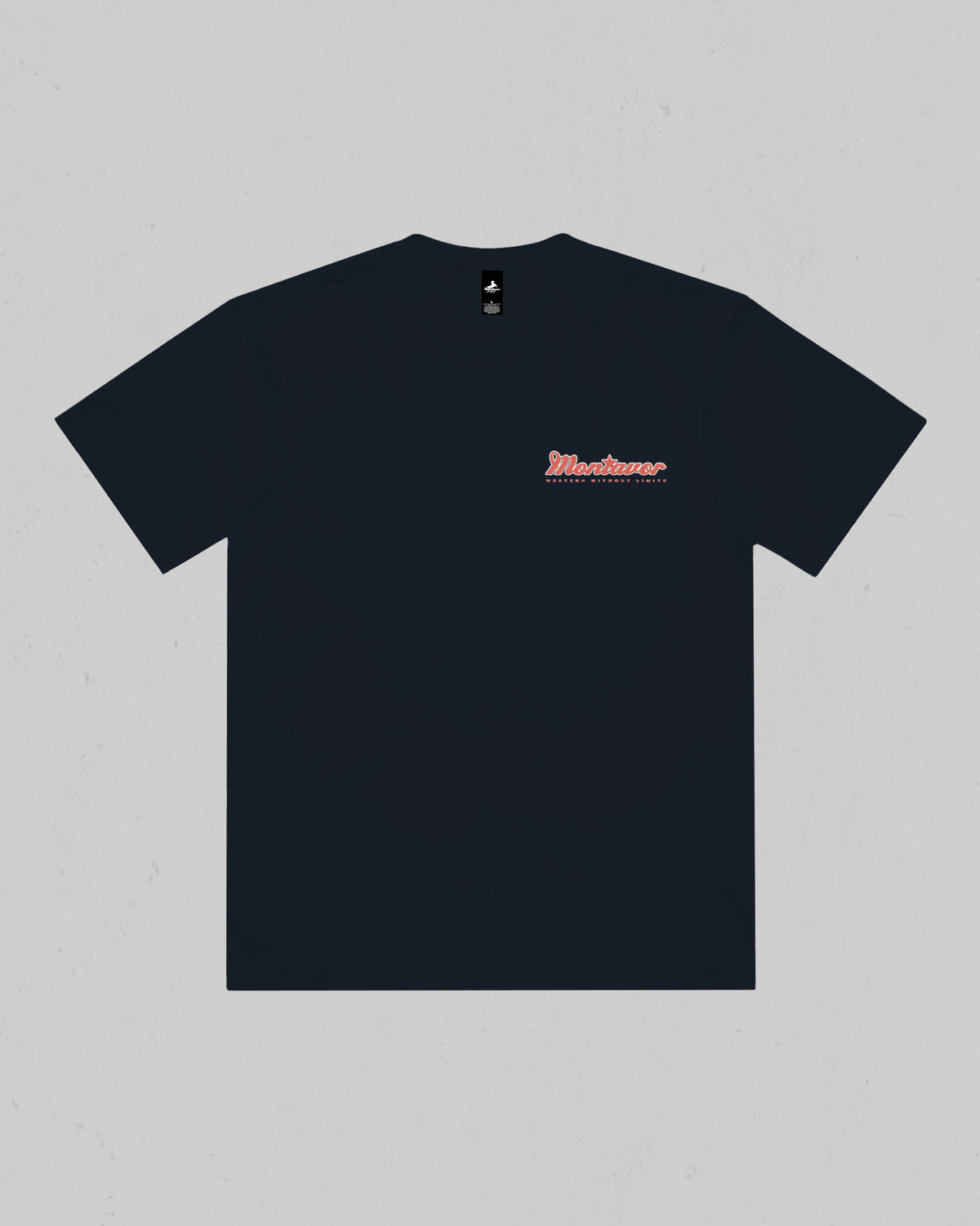 Front of Montavor Navy American Eagle T-shirt with a small red and cream script logo on the left chest.
