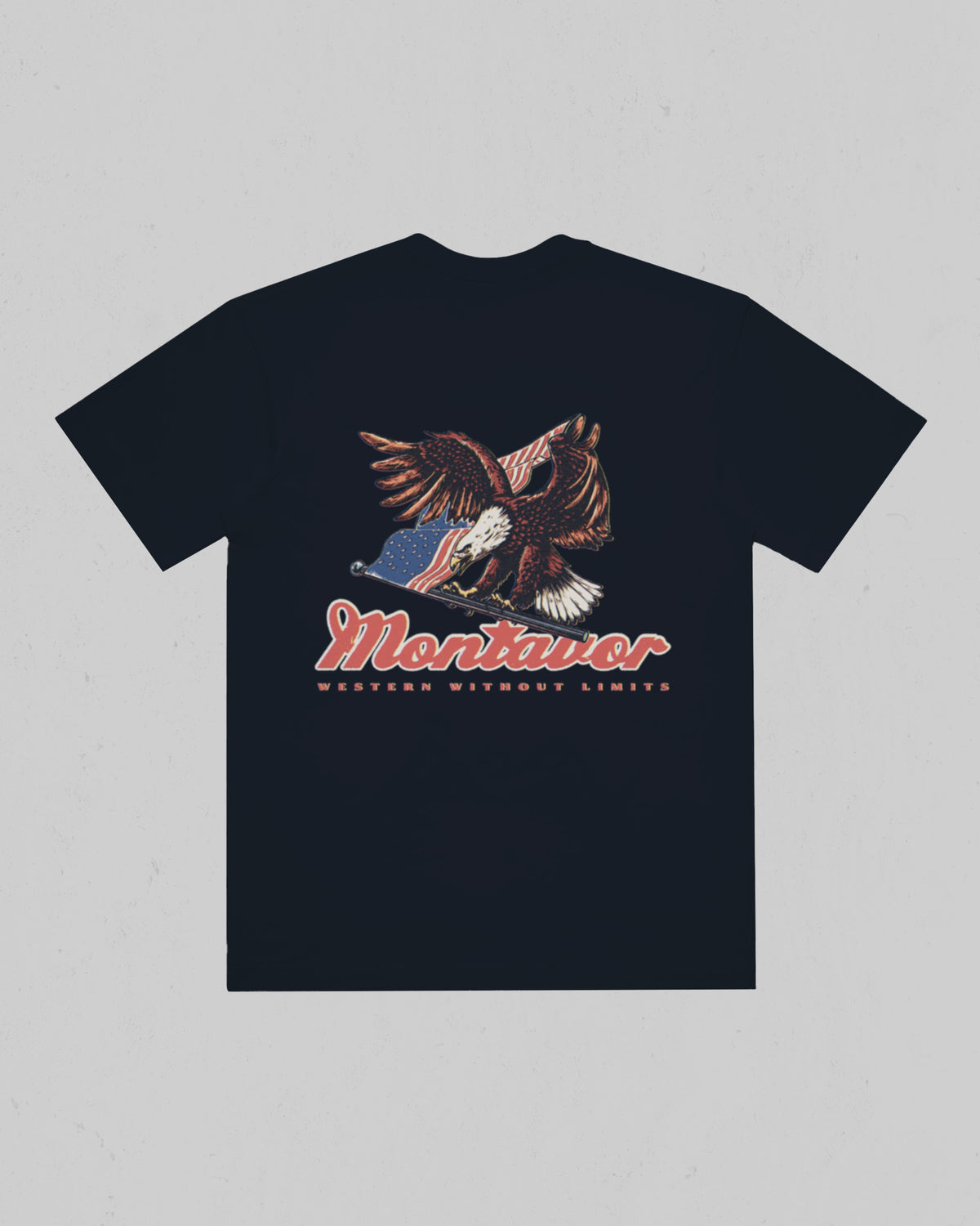 Back of Montavor Navy T-shirt with bald eagle and American flag artwork, Montavor script, and Western Without Limits lettering. Main image