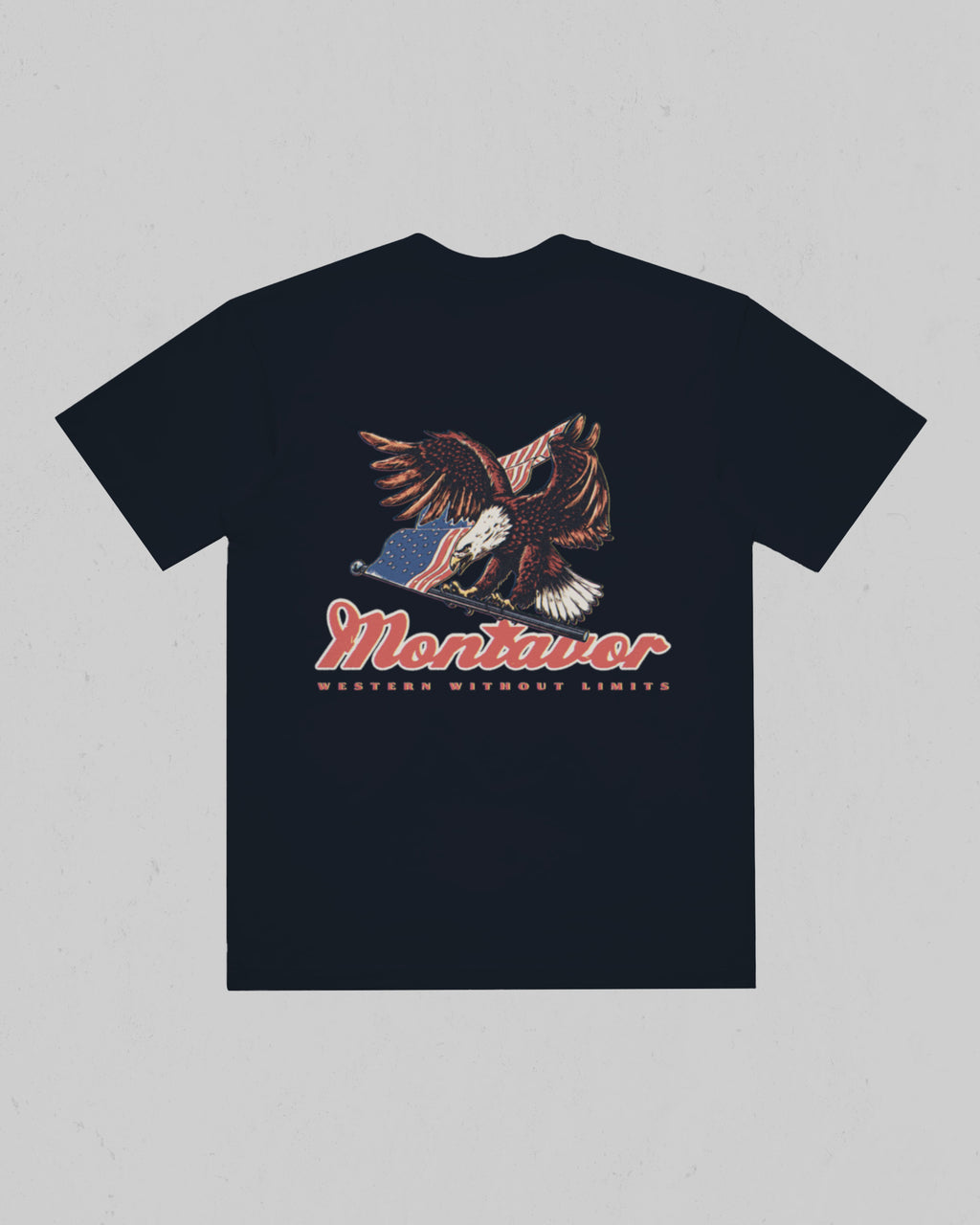 Back of Montavor Navy T-shirt with bald eagle and American flag artwork, Montavor script, and Western Without Limits lettering.