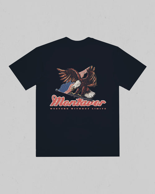 Back of Montavor Navy T-shirt with bald eagle and American flag artwork, Montavor script, and Western Without Limits lettering.