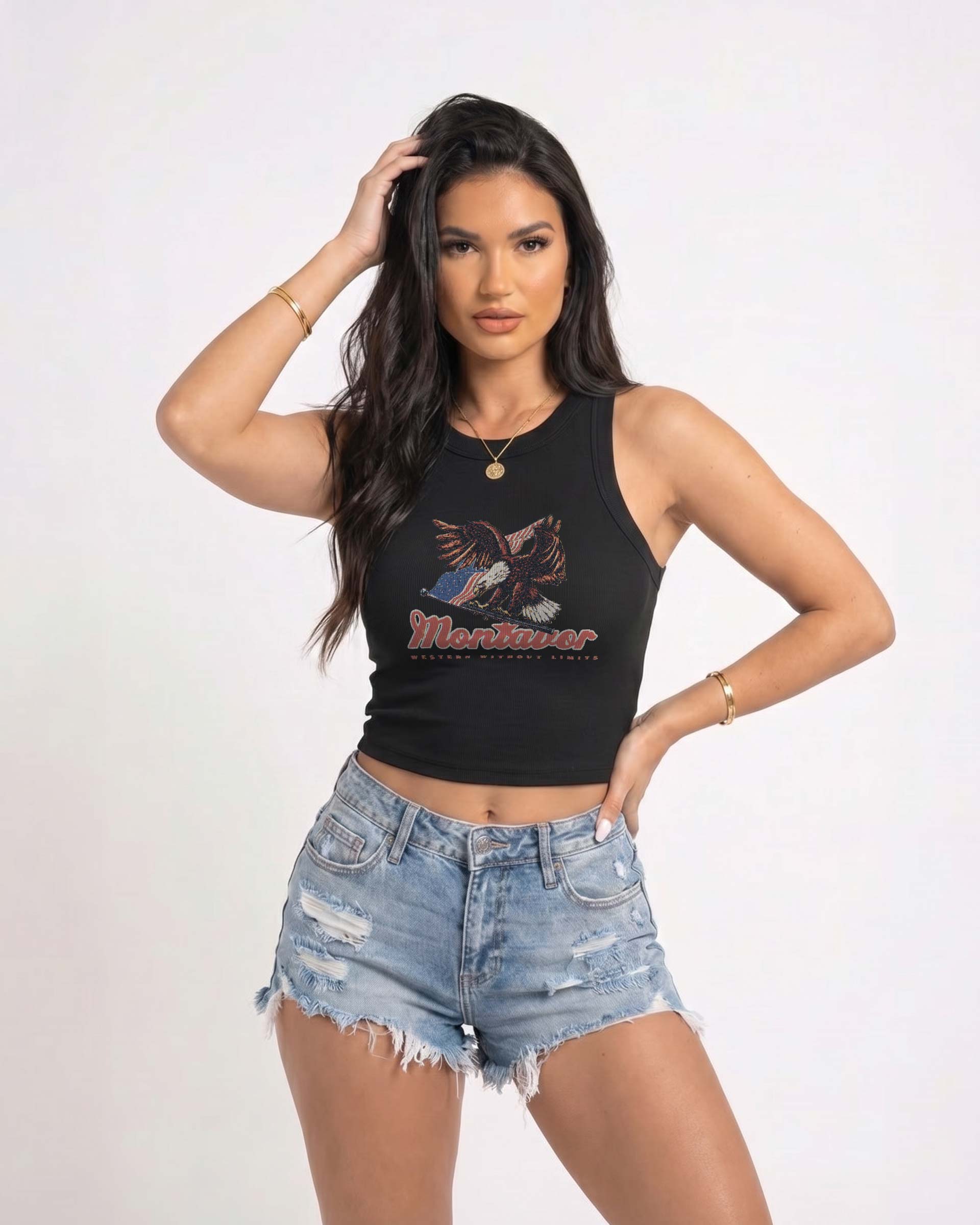 Model wearing the Montavor Eagle Organic Crop Tank Top featuring a vintage Americana eagle graphic on the front.
