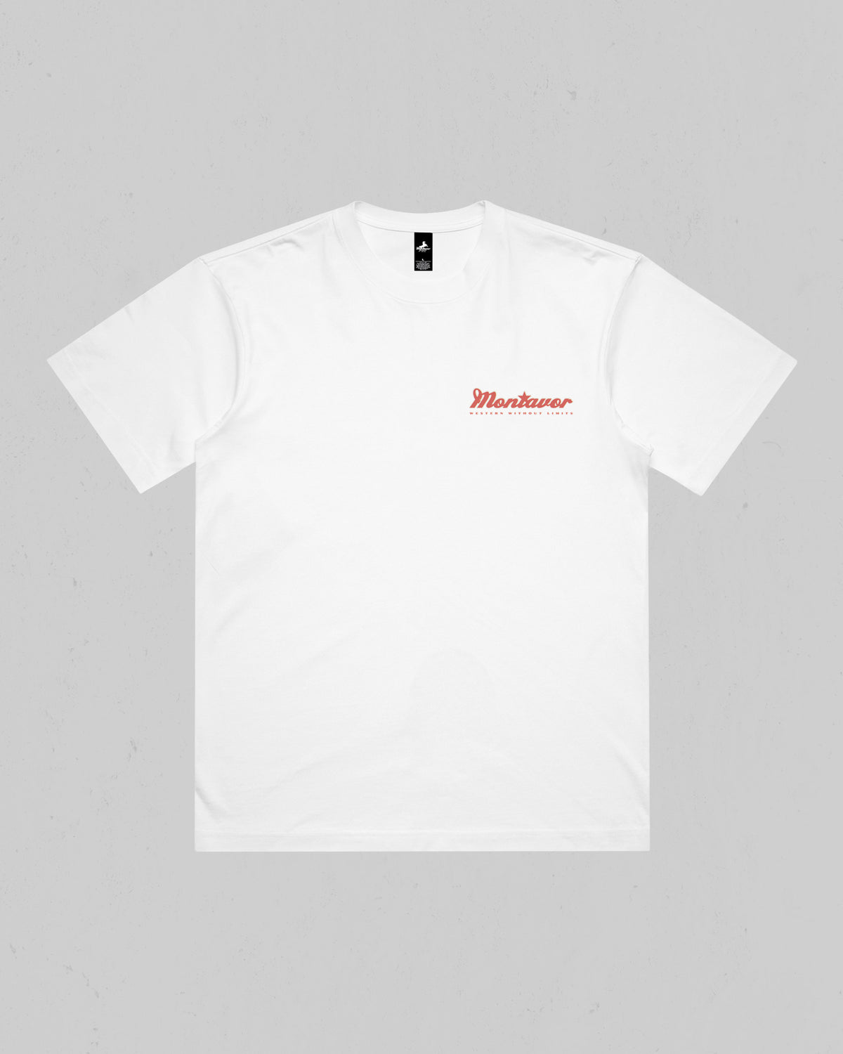 Front of Montavor White American Eagle T-shirt with a small red and cream script logo on the left chest.