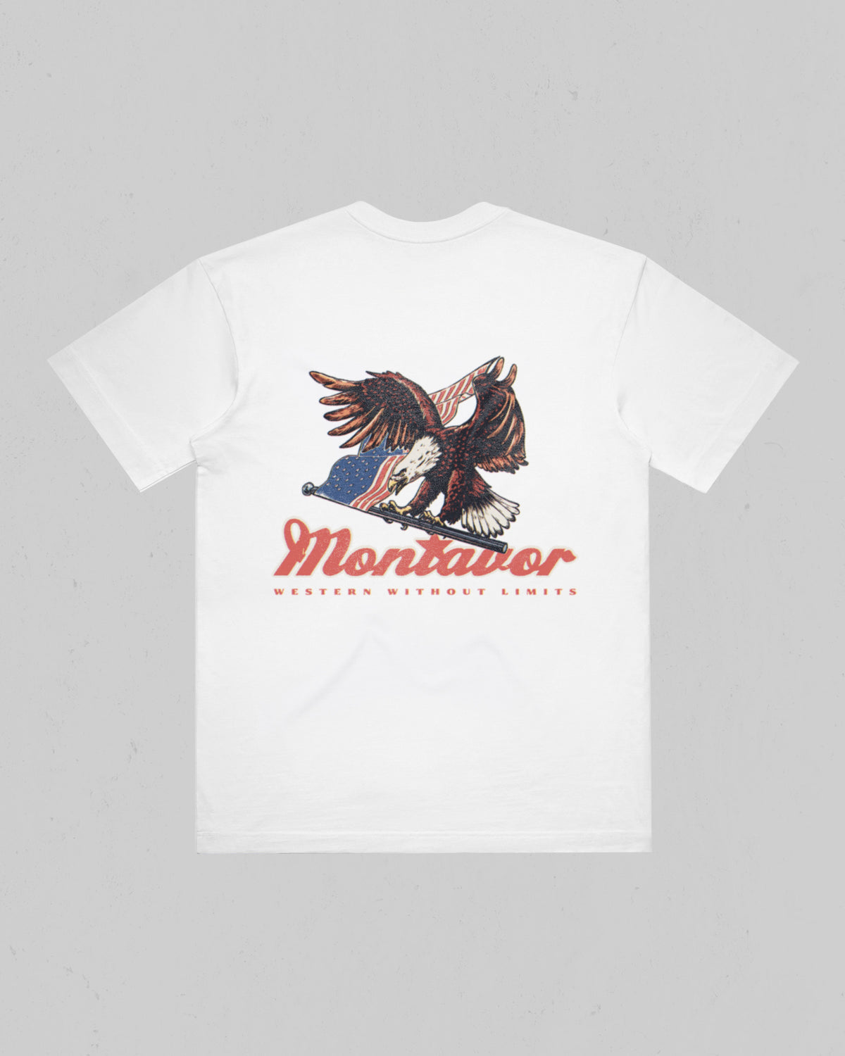 Back of Montavor White T-shirt with bald eagle and American flag artwork, Montavor script, and Western Without Limits lettering.