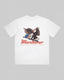 Back of Montavor White T-shirt with bald eagle and American flag artwork, Montavor script, and Western Without Limits lettering.