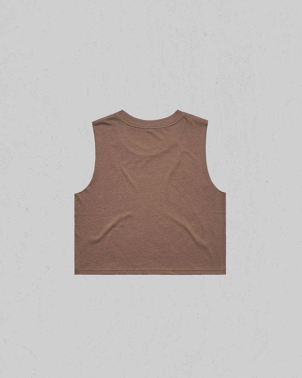 A sleeveless cropped tank top in a solid medium brown color, shown from the back against a light gray background.