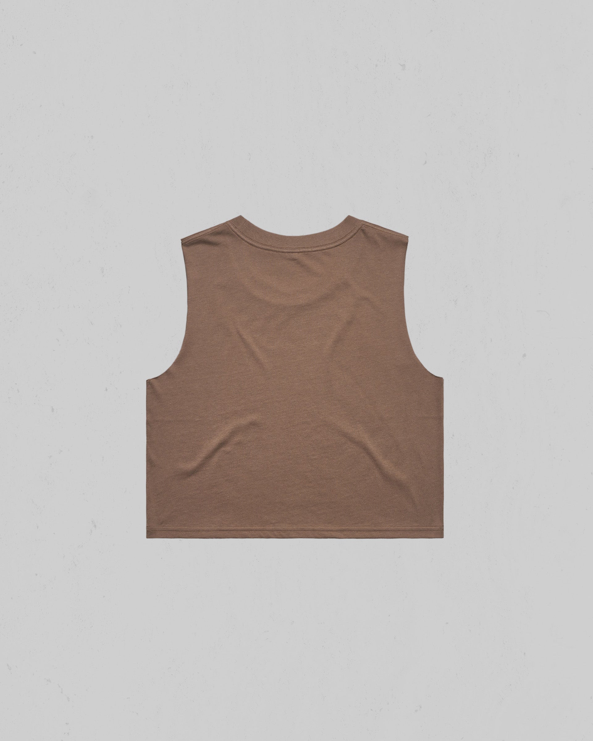 A sleeveless cropped tank top in a solid medium brown color, shown from the back against a light gray background.