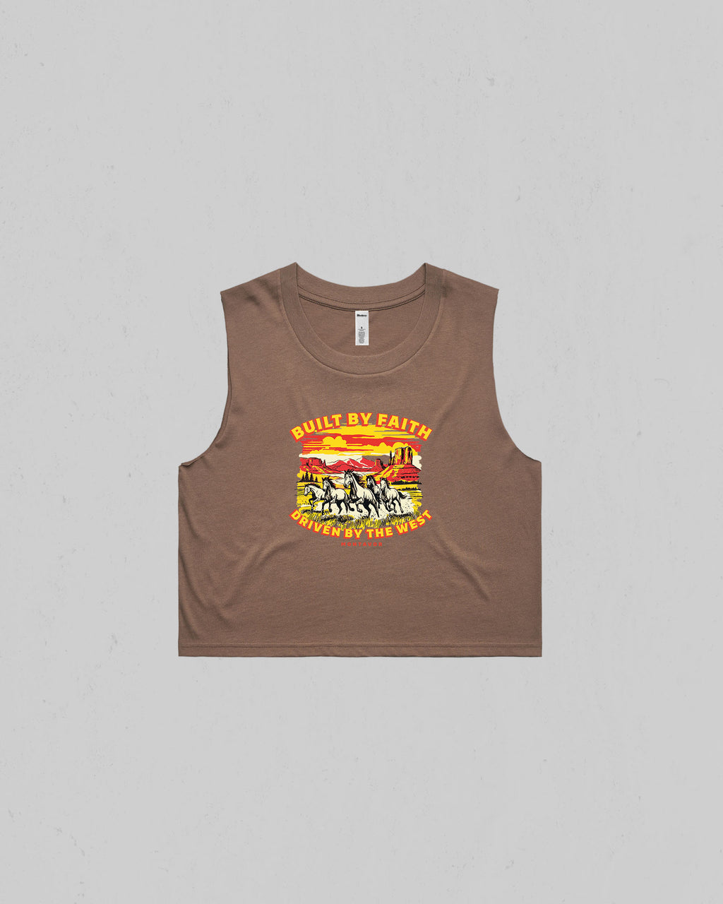 Brown Women’s “Built By Faith, Driven By The West” crop tank top featuring a vintage western horse and desert graphic by Montavor.